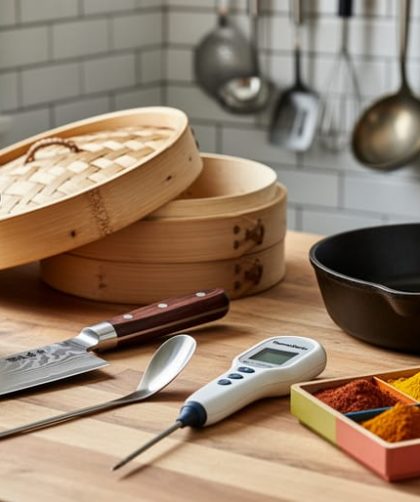 A modern kitchen countertop display of unique cooking equipment, including a mortar and pestle, fish spatula, knife, bamboo steamer, cast-iron skillet, and instant-read probe.