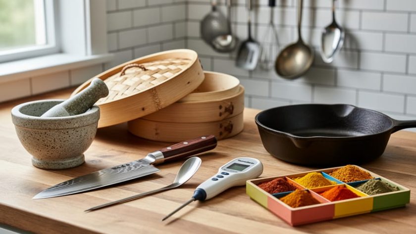 A modern kitchen countertop display of unique cooking equipment, including a mortar and pestle, fish spatula, knife, bamboo steamer, cast-iron skillet, and instant-read probe.