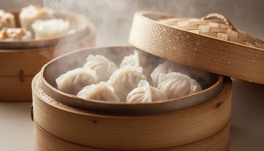 Bamboo steamer with steaming hot dim sum dumplings rising from vigorous steam