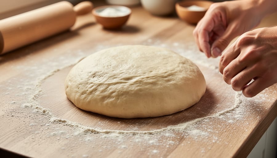 Hands smoothing and preparing dim sum dough on a floured kitchen countertop