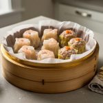 Homemade dim sum in a bamboo steamer with har gow and siu mai, with wonton wrappers covered by a damp cloth and cornstarch nearby.