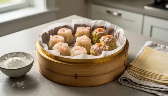 Homemade dim sum in a bamboo steamer with har gow and siu mai, with wonton wrappers covered by a damp cloth and cornstarch nearby.