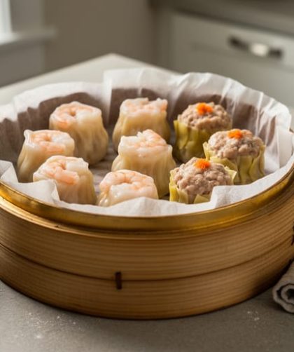 Homemade dim sum in a bamboo steamer with har gow and siu mai, with wonton wrappers covered by a damp cloth and cornstarch nearby.