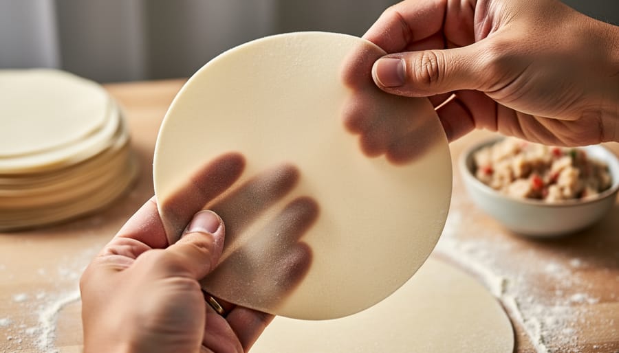 Thin translucent dumpling wrapper held up to light to check thickness
