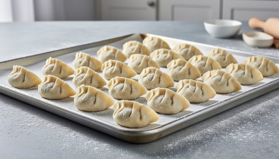Tray of uncooked dumplings flash-frozen in a single layer before bagging