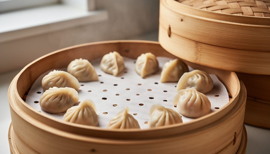 Uncooked dim sum dumplings placed on parchment and cabbage leaves inside a bamboo steamer
