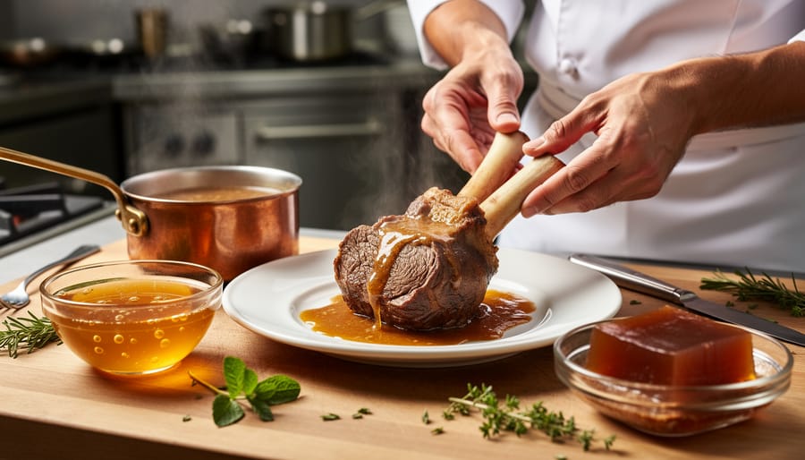 Chef’s bowl of bone broth gelatin with a spoon on a kitchen counter, highlighting culinary collagen-related foods.