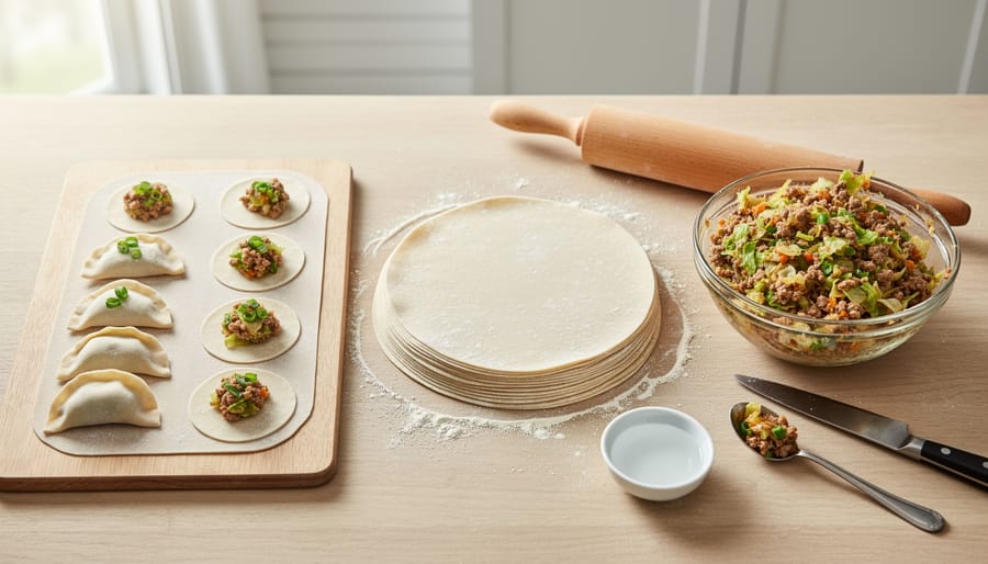 Countertop with dumpling wrappers, a bowl of raw filling, and basic tools like a spoon and mixing bowl ready for making Asian dumplings.