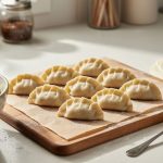 “Close-up of pleated half-moon Asian dumplings on parchment with dumpling wrappers and a bowl of cabbage and green onion filling beside them on a countertop.”