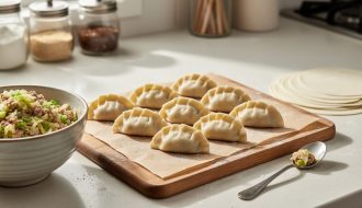 “Close-up of pleated half-moon Asian dumplings on parchment with dumpling wrappers and a bowl of cabbage and green onion filling beside them on a countertop.”