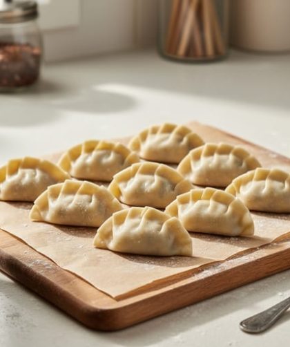 “Close-up of pleated half-moon Asian dumplings on parchment with dumpling wrappers and a bowl of cabbage and green onion filling beside them on a countertop.”