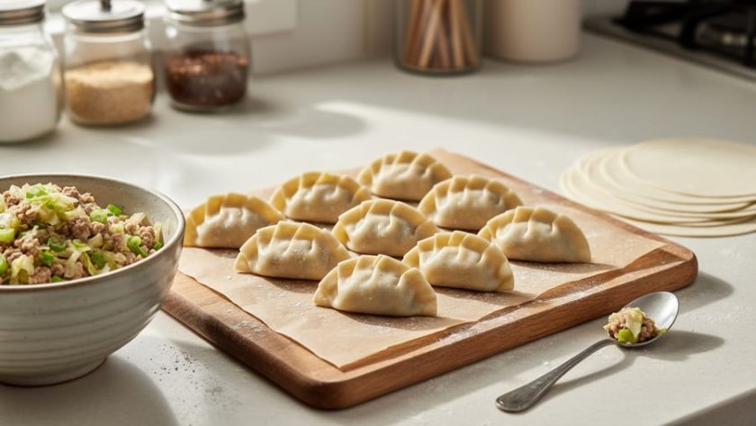 “Close-up of pleated half-moon Asian dumplings on parchment with dumpling wrappers and a bowl of cabbage and green onion filling beside them on a countertop.”