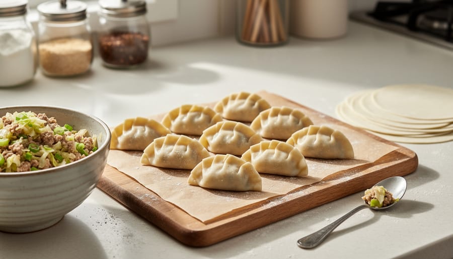 “Close-up of pleated half-moon Asian dumplings on parchment with dumpling wrappers and a bowl of cabbage and green onion filling beside them on a countertop.”