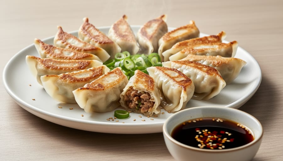 Pan-fried potstickers on a plate with a small dipping sauce bowl of chili oil and soy-vinegar.