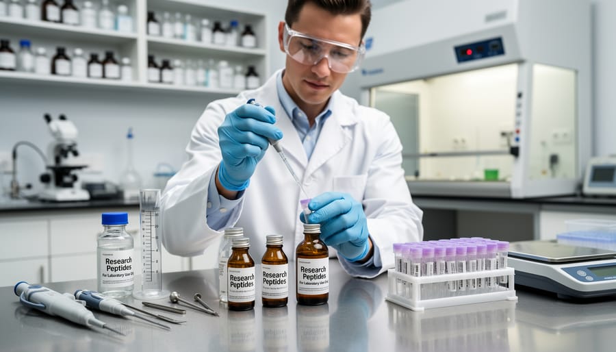 Lab bench with sterile microtubes and pipettes, representing research laboratory materials.