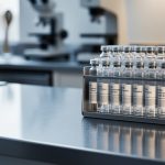 Sealed laboratory peptide vials on a metal rack placed next to a stainless-steel kitchen counter, illustrating the difference between lab research compounds and culinary use.
