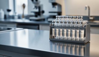Sealed laboratory peptide vials on a metal rack placed next to a stainless-steel kitchen counter, illustrating the difference between lab research compounds and culinary use.