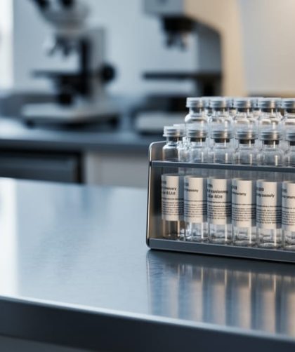 Sealed laboratory peptide vials on a metal rack placed next to a stainless-steel kitchen counter, illustrating the difference between lab research compounds and culinary use.