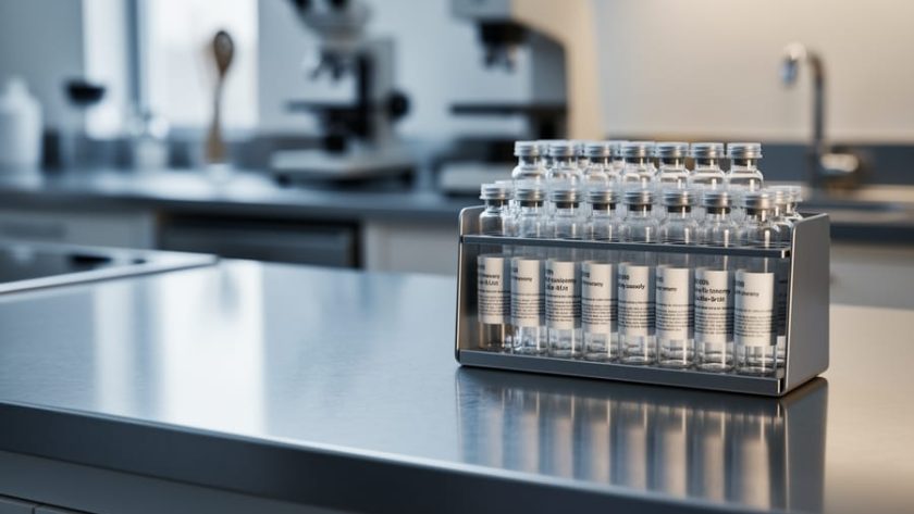 Sealed laboratory peptide vials on a metal rack placed next to a stainless-steel kitchen counter, illustrating the difference between lab research compounds and culinary use.