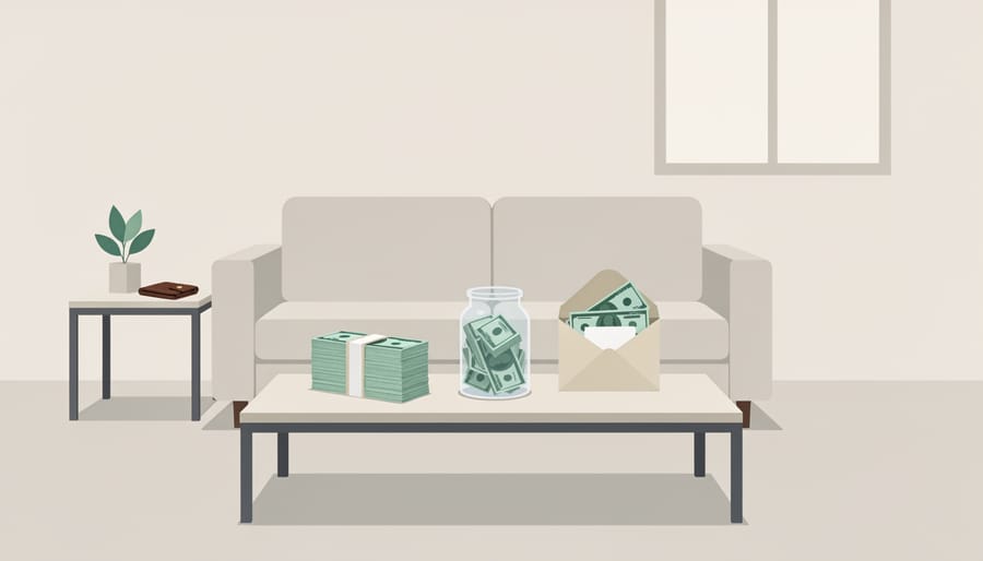 Close-up of Canadian cash in an open wallet on a kitchen table next to a smartphone