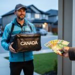A delivery driver holding a sealed food bag at a home door while a customer pays with Canadian cash.