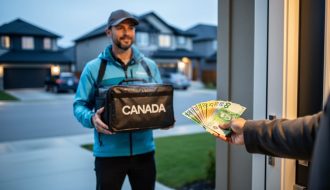 A delivery driver holding a sealed food bag at a home door while a customer pays with Canadian cash.