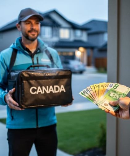 A delivery driver holding a sealed food bag at a home door while a customer pays with Canadian cash.