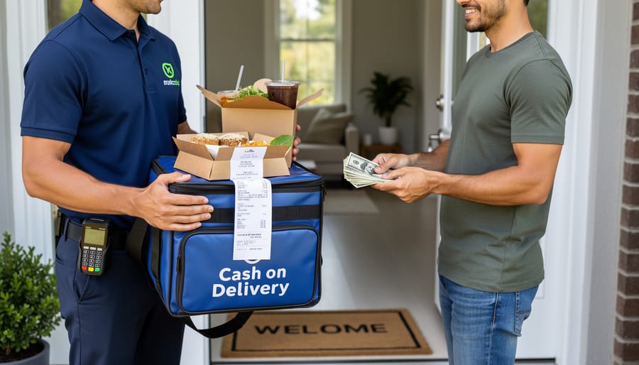 Delivery driver handing a meal bag while a customer gives an envelope of cash at a home doorway