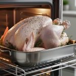 An unstuffed turkey roasting in a stainless pan inside a modern oven, shown under warm oven light.