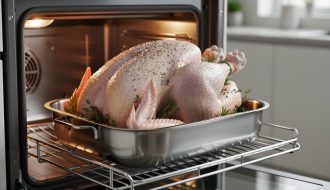An unstuffed turkey roasting in a stainless pan inside a modern oven, shown under warm oven light.
