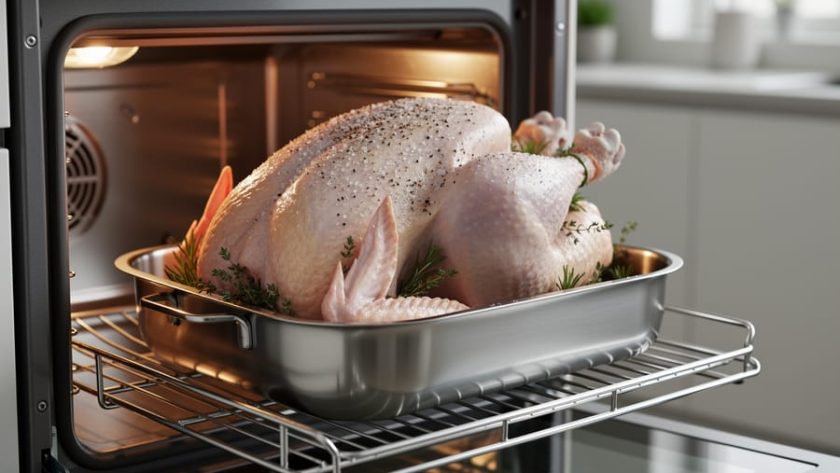 An unstuffed turkey roasting in a stainless pan inside a modern oven, shown under warm oven light.