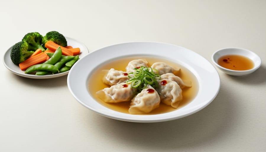 Six dumplings served with broth soup and a side of mixed vegetables