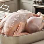 Frozen Butterball turkey breast in a shallow roasting pan on a kitchen counter, ready to bake without thawing.