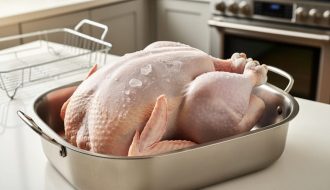 Frozen Butterball turkey breast in a shallow roasting pan on a kitchen counter, ready to bake without thawing.