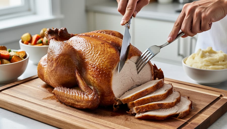 A home cook carving a roasted turkey with a fork and carving knife on a cutting board