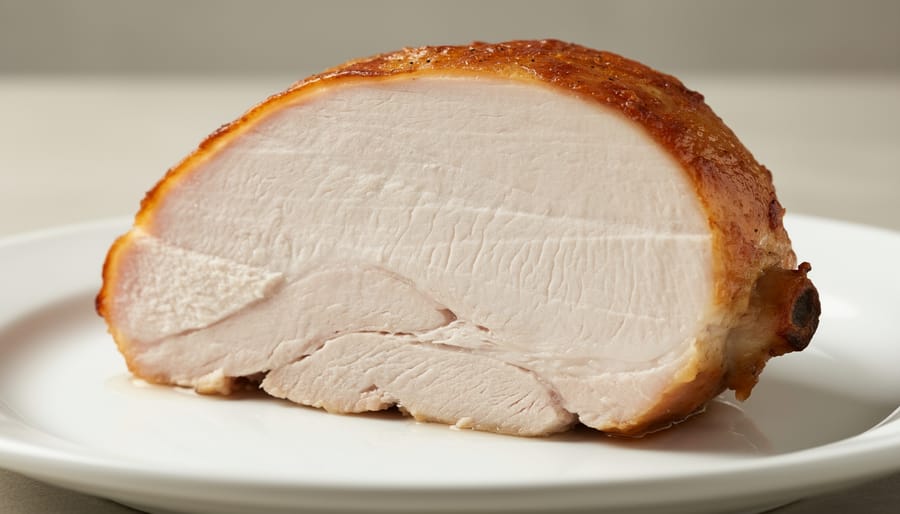 Carved slices of roasted turkey breast on a wooden cutting board with visible moisture and texture.