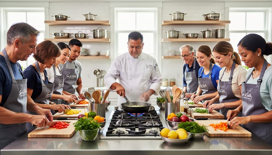 Chef demonstrating cooking technique to a small group at a classroom cooking station