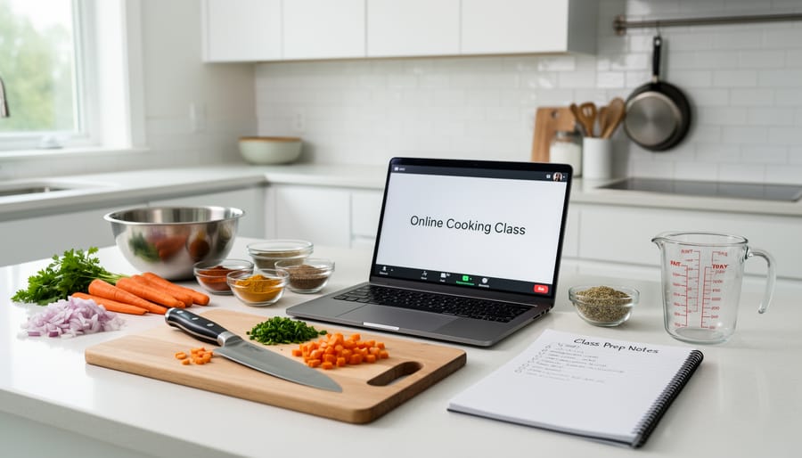 Cooking tools on a kitchen countertop, including a chef’s knife, cutting board, measuring cups, and herbs