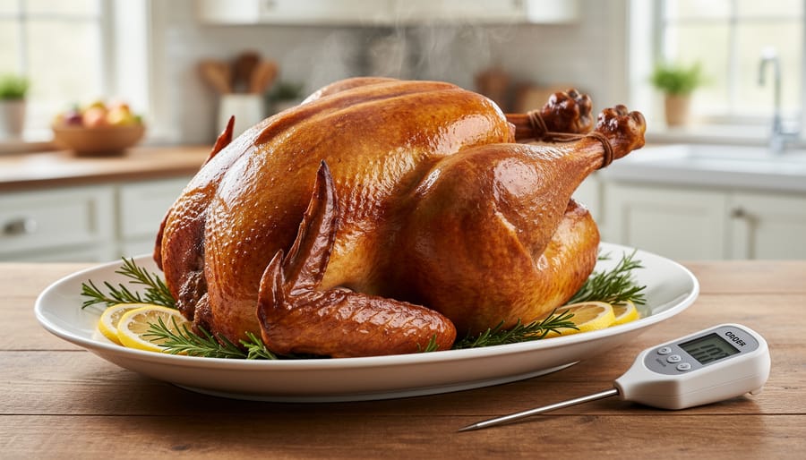 Golden-brown roasted turkey on a cutting board ready to be carved