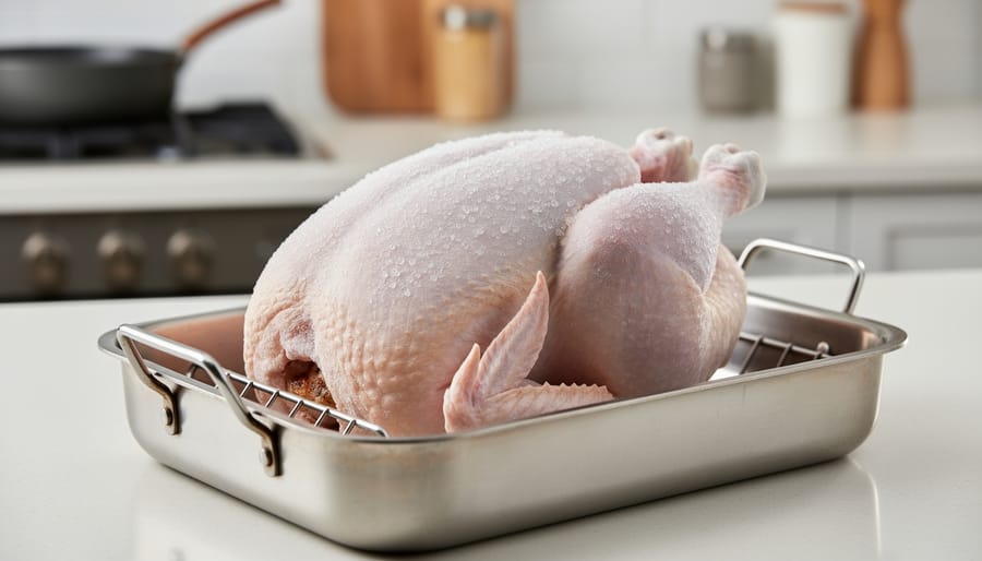 Frozen Butterball turkey breast on a roasting rack inside a stainless roasting pan.