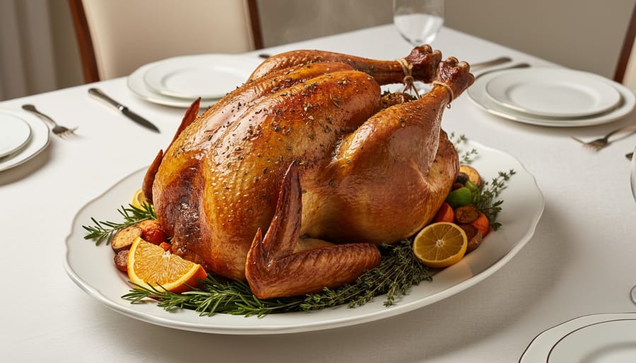 Golden-brown roasted turkey on a serving platter ready to serve with warm kitchen lighting