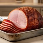 “Kirkland spiral ham in a roasting pan with glossy glaze and spiral slices, photographed on a kitchen countertop in warm lighting.”