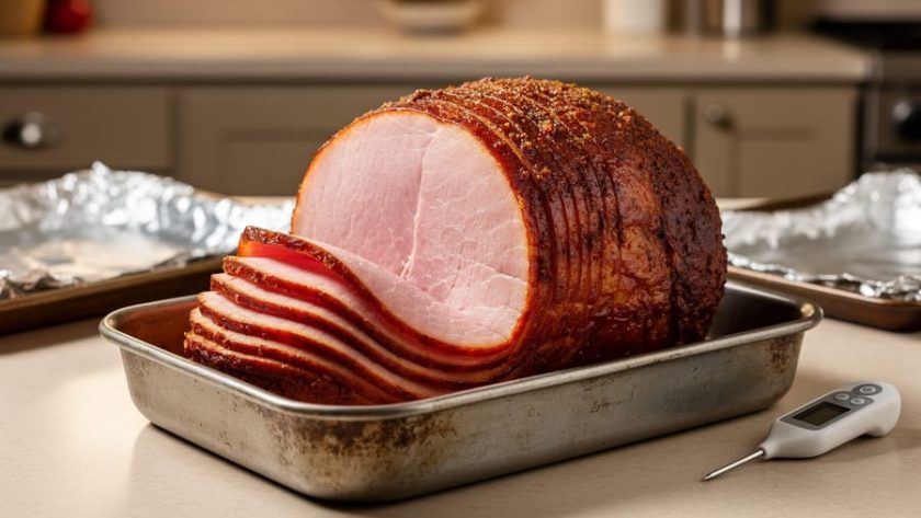 “Kirkland spiral ham in a roasting pan with glossy glaze and spiral slices, photographed on a kitchen countertop in warm lighting.”