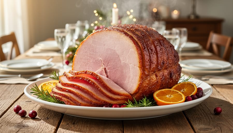 Holiday table scene featuring carved spiral ham on a serving platter with serving utensils.