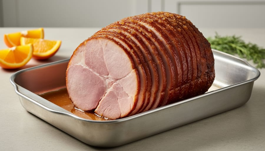 Kirkland spiral ham on a roasting pan with rack, shown in a warm kitchen setting.