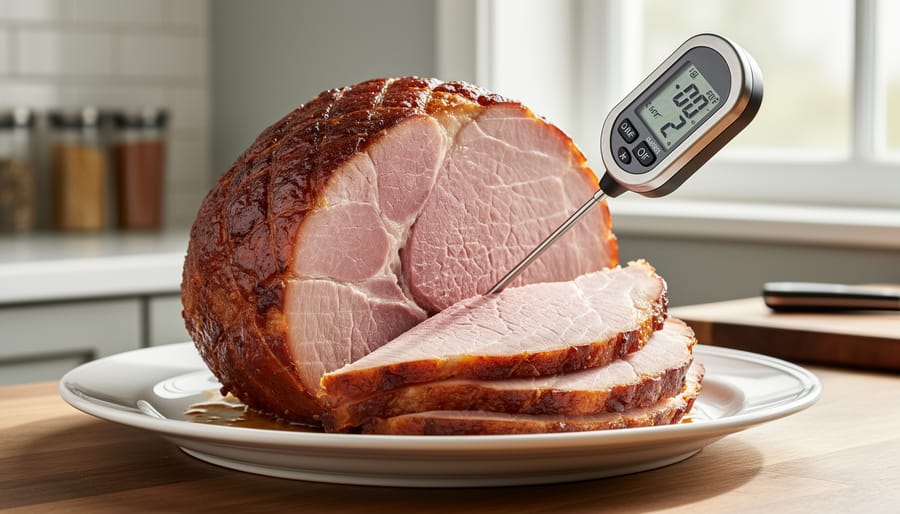 Meat thermometer probe inserted into the thickest part of a spiral ham.