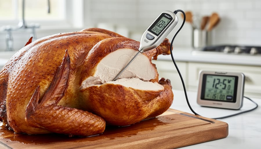 Meat thermometer probe inserted into a turkey thigh to check internal temperature
