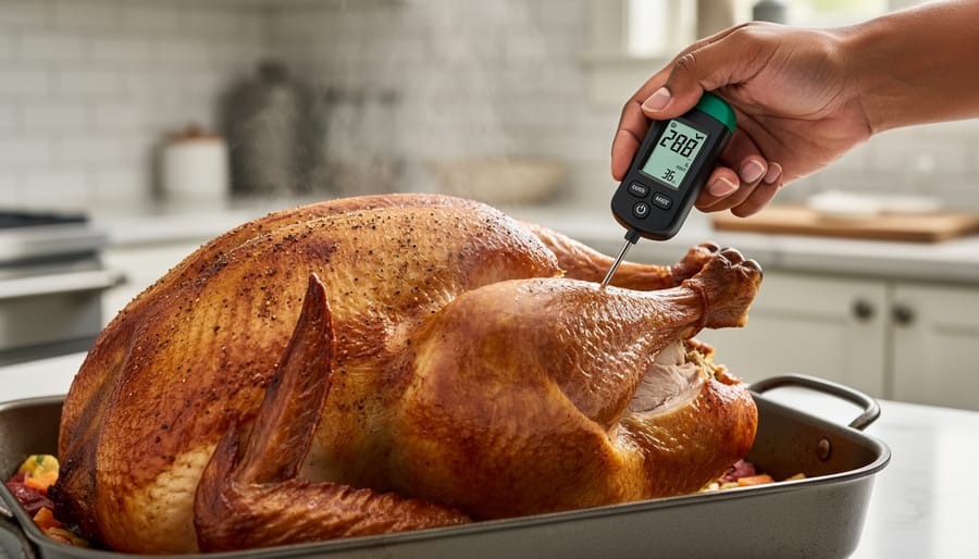 A digital meat thermometer probe checking the thickness of a roasted turkey on a cutting board