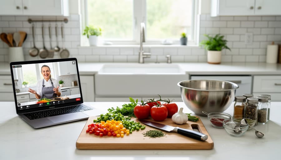 Laptop on a kitchen table showing an online cooking session with a pot cooking in the background