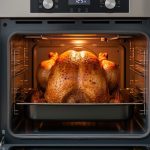 “Golden-brown whole turkey roasting inside a stainless-steel oven with warm oven light highlighting crisp skin.”
